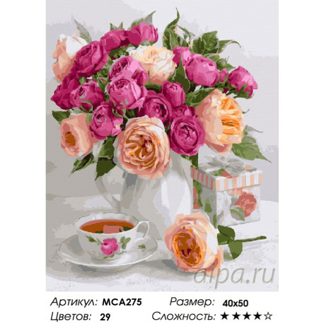 Количество цветов и сложность Натюрморт с розами и чаем Раскраска картина по номерам на холсте МСА275