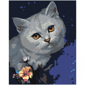 Белый кот с цветком Раскраска картина по номерам на холсте