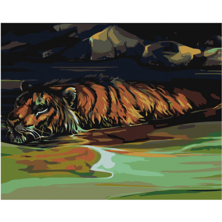 Тигр в реке Раскраска картина по номерам на холсте