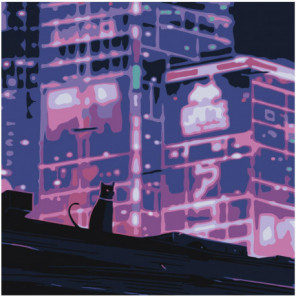 Кошка в неоновом городе 100х100 Раскраска картина по номерам на холсте