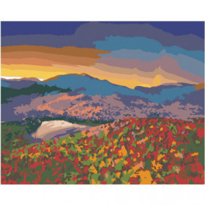 Горы и цветочный луг на закате 100х125 Раскраска картина по номерам на холсте