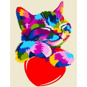 Радужный котенок с сердечком Раскраска картина по номерам на холсте