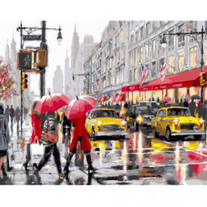 Желтые такси и красные зонтики Раскраска картина по номерам на холсте