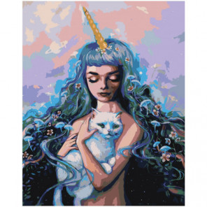 Девушка фэнтези с белым котом Раскраска картина по номерам на холсте