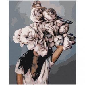 Белая цветочная голова девушки с птицей Раскраска картина по номерам на холсте
