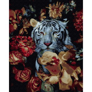  Белый тигр в цветах Раскраска картина по номерам на холсте ZX 23874