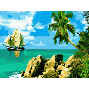 Внешний вид коробки упаковки Сейшельские острова Картина по номерам с цветной схемой на холсте KK0619