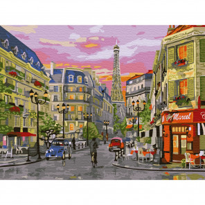 Внешний вид коробки упаковки Парижская улица Картина по номерам с цветной схемой на холсте KK0653