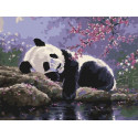 Отдых панды в саду под сакурой Раскраска картина по номерам на холсте