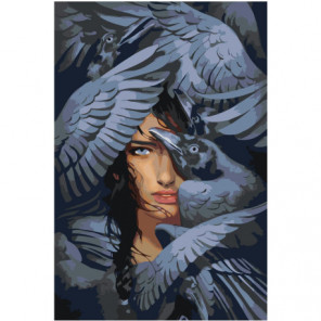 Девушка и крылья воронов 100х150 Раскраска картина по номерам на холсте