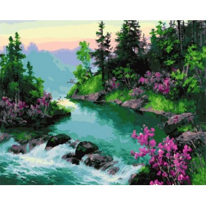  Цветущий берег горной реки Раскраска картина по номерам на холсте МСА366