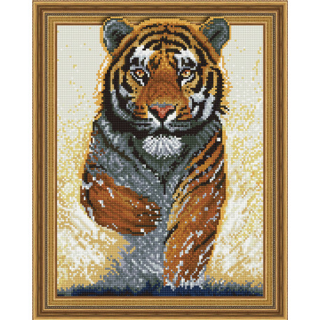 Пример выложенной мозаики Бегущий тигр Алмазная мозаика вышивка на подрамнике Molly KM0739