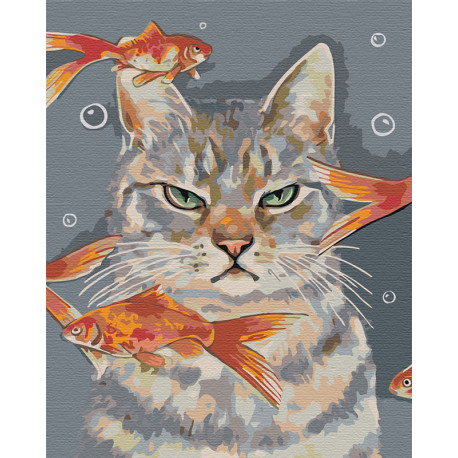  Недовольный кот и рыбки Раскраска картина по номерам на холсте AAAA-RS067-100x125