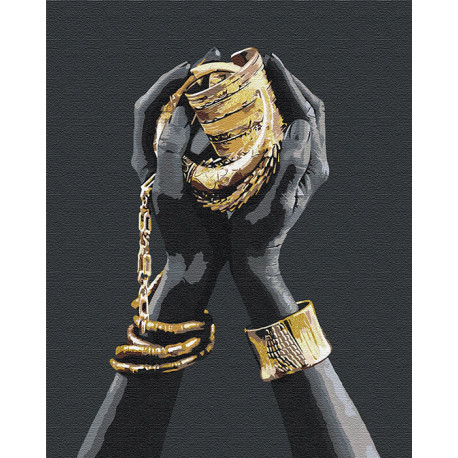  Золотые украшения в руках / Африканка 100х125 см Раскраска картина по номерам на холсте с металлической краской AAAA-RS078-100x