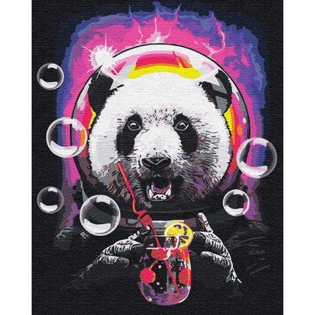  Панда в космосе с коктелем 80х100 см Раскраска картина по номерам на холсте с неоновыми красками AAAA-RS110-80x100