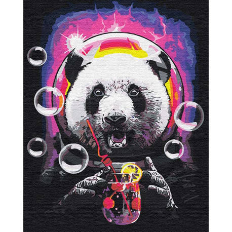  Панда в космосе с коктелем 100х125 см Раскраска картина по номерам на холсте с неоновыми красками AAAA-RS110-100x125