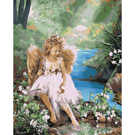  Ангелочек у воды Раскраска картина по номерам на холсте U8025