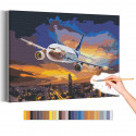 Самолет / Полет в ночном небе над городом Раскраска картина по номерам на холсте с неоновой краской