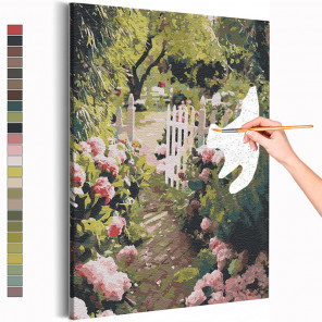 Пример картины и схема Прогулка в саду / Природа / Цветы Раскраска картина по номерам на холсте AAAA-RS223