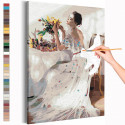 Девушка и букет цветов на столе Раскраска картина по номерам на холсте