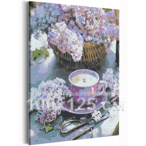 Сирень и чашка кофе / Цветы 100х125 см Раскраска картина по номерам на холсте AAAA-RS225-100x125