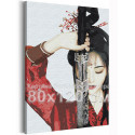 Девушка в красном кимоно и меч 80х120 см Раскраска картина по номерам на холсте