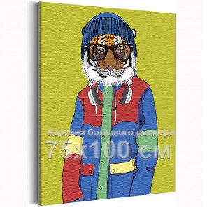  Модный тигр в шапке с наушниками / Животные / Символ года 75х100 см Раскраска картина по номерам на холсте AAAA-V0008-75x100