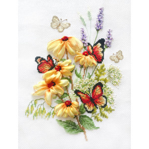  Эхинацея и бабочки Набор для вышивания лентами Многоцветница МЛН-15