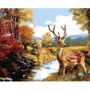 Осенний пейзаж с оленями Раскраска по номерам акриловыми красками на холсте Живопись по номерам (Paintboy)