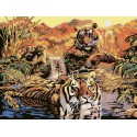 Семья тигров Раскраска ( картина ) по номерам на цветном холсте Белоснежка