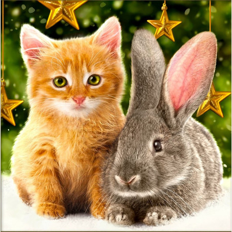  Котенок и кролик под ёлкой Алмазная вышивка мозаика Алмазная живопись АЖ-4167