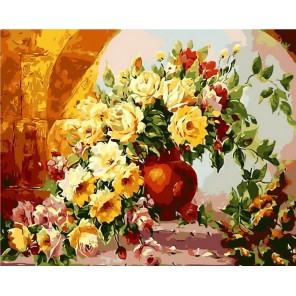 Ваза с чайными розами Раскраска картина по номерам акриловыми красками на холсте Menglei