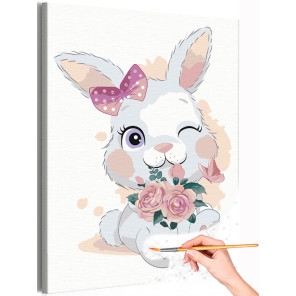 Кролик в бантике с цветами Для девочек Раскраска картина по номерам на холсте