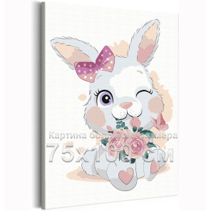 Кролик в бантике с цветами Для девочек 75х100 Раскраска картина по номерам на холсте