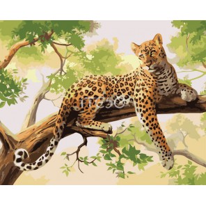Леопард на ветке Раскраска картина по номерам акриловыми красками на холсте Iteso | Картину по номерам купить
