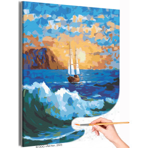 Парусник в море Морской пейзаж Корабль Океан Закат Природа Раскраска картина по номерам на холсте