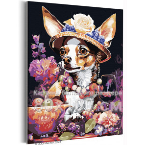 Натюрморт с чихуахуа цветами и фруктами Животные Собаки Вино Интерьерная 80х100 Раскраска картина по номерам на холсте