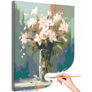 Белые цветы в прозрачной вазе Букет Натюрморт Лилии Интерьерная Раскраска картина по номерам на холсте