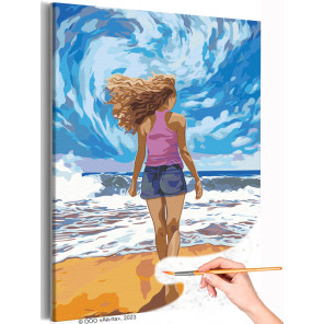 Девушка на фоне моря и неба Морской пейзаж Пляж Океан Люди Женщина Раскраска картина по номерам на холсте