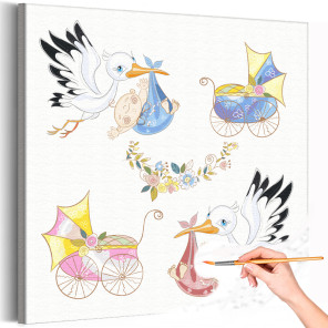 Аисты с малышами и коляски Дети Птицы Раскраска картина по номерам на холсте