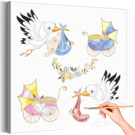 Аисты с малышами и коляски Дети Птицы Раскраска картина по номерам на холсте