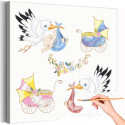 Аисты с малышами и коляски Дети Птицы Девочка Мальчик Раскраска картина по номерам на холсте