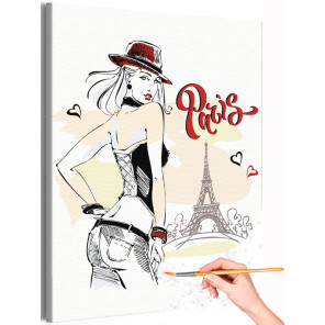 Парижанка на фоне Эйфелевой башни Париж Город Портрет Женщина Девушка Раскраска картина по номерам на холсте