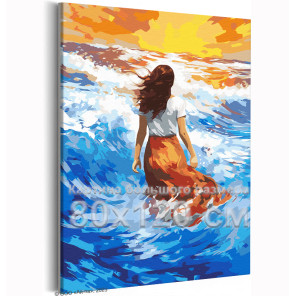 Девушка в море на фоне заката Люди Пейзаж Женщина Океан Яркая 80x120 Раскраска картина по номерам на холсте