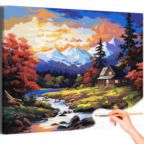  Дом в горах на закате Природа Пейзаж Осень Река Вода Раскраска картина по номерам на холсте AAAA-NK540