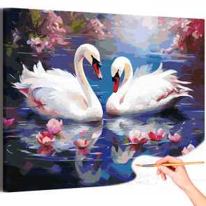  Лебеди и цветы на озере Птицы Природа Пейзаж Весна Цветы Вода Раскраска картина по номерам на холсте AAAA-NK543