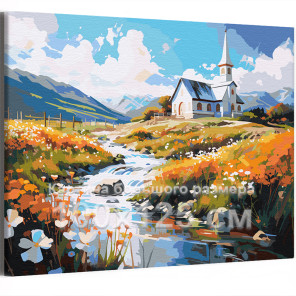 Церковь у горной реки Природа Горы Пейзаж Лето Дом Река Вода 100х125 Раскраска картина по номерам на холсте