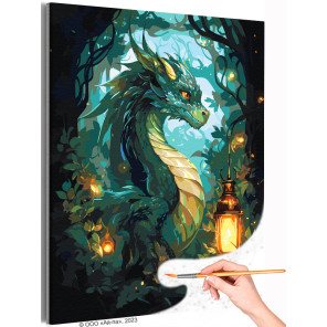 Зеленый дракон в сказочном лесу Животные Символ года Новый год Аниме Фэнтези Раскраска картина по номерам на холсте