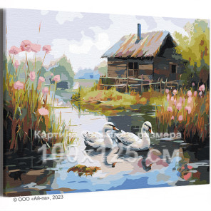 Пара маленьких лебедей в пруду у дома 100х125 Раскраска картина по номерам на холсте