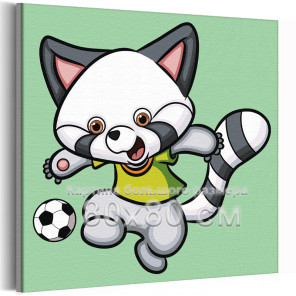 Енот футболист Животные Спорт Для детей Детская Для девочек Для мальчика Легкая 80х80 Раскраска картина по номерам на холсте